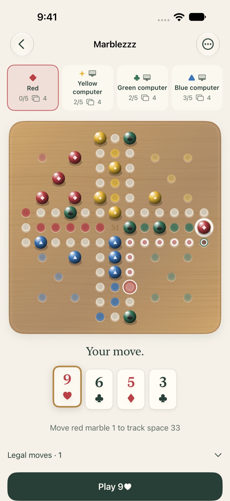 A selected nine of hearts shows a legal path and a Play nine of hearts confirmation button.
