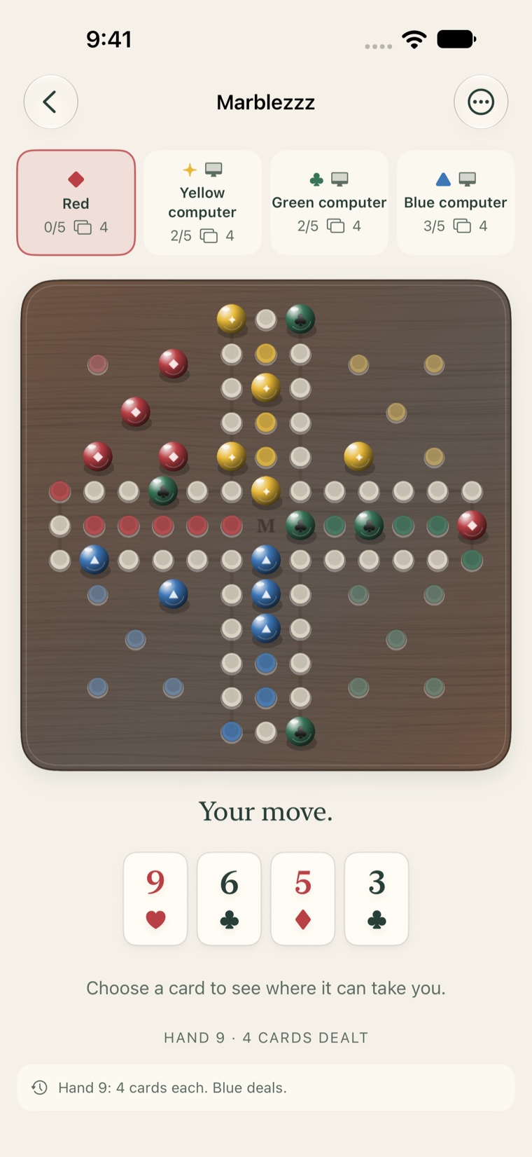 The Marblezzz board with the dark Midnight walnut theme and coordinated marbles and cards.